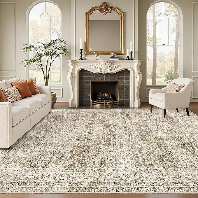 Washable Area Rug 8x10, Large Soft Rugs for Living Room Vintage Area Rugs for Bedroom Dining Room Non-Slip Stain Resistant Brown Under Table Rug