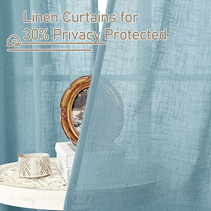 LAMIT Linen Curtains 48 Inch Length 2 Panels, Light Filtering Panels Back Tab and Rod Pocket Country Decor Drapes for Kitchen/Window/Loft Room/Bedroom, 34 x 48 Inch, Stone Blue