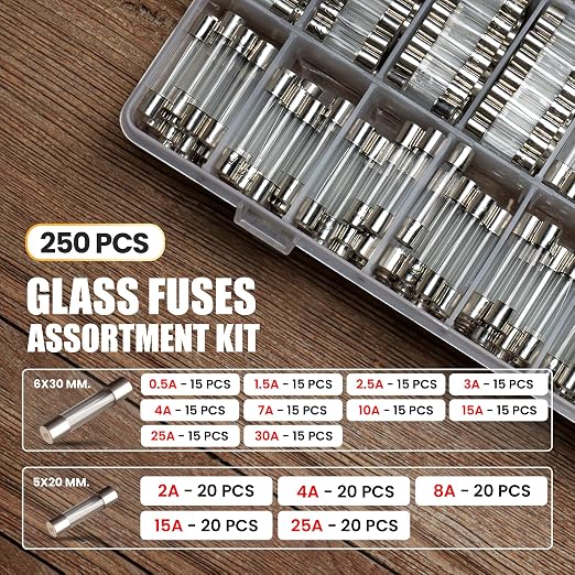 MADCATZ 250 Pcs 15 Values Fast Blow Glass Fuses Assortment Kit 250V 5x20mm 2A - Image 2