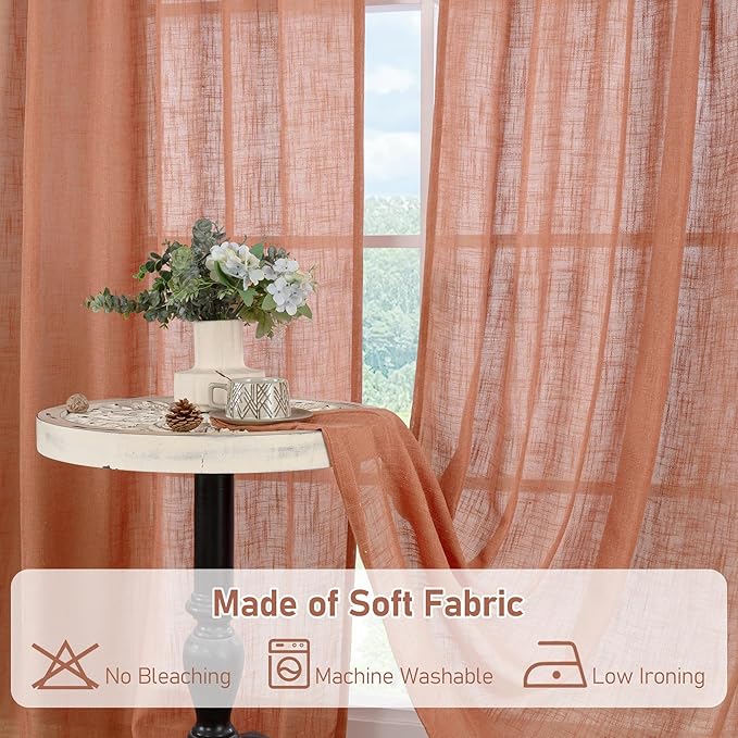 LAMIT Semi Sheer Linen Curtains for Living Room, Back Tab and Rod Pocket Terracotta Curtains Light Filtering Country Rustic Neutral Drapes for Bedroom/Farmhouse, 2 Panels, 52 x 102 Inch