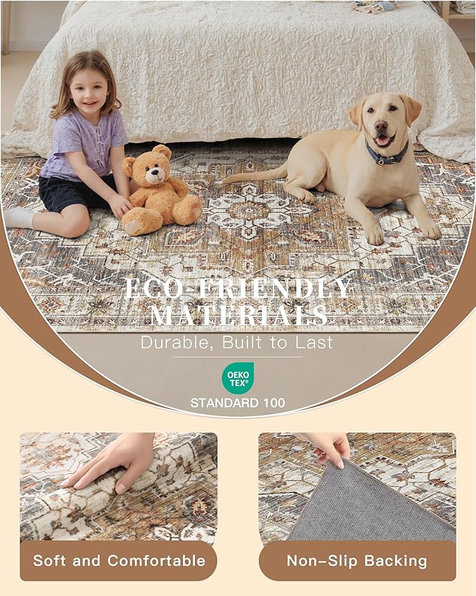 Madane Hallway Rug 3x10, Kitchen Rugs Washable Entryway Rug Vintage Kitchen Runners Non Slip Indoor Area Rug Farmhouse Carpet Runner for Bathroom Living Room Bedroom, Turmeric/Grey