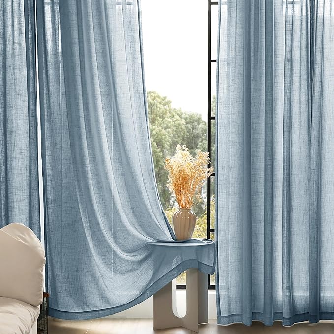 Dusty Blue Linen Curtains 84 inch Long for Living Room Back Tab Light Filtering Semi Sheer Light Blue Bedroom Curtains Linen Cotton Textured Grey Blue Drapery Panel Airy Modern Aesthetic Decor