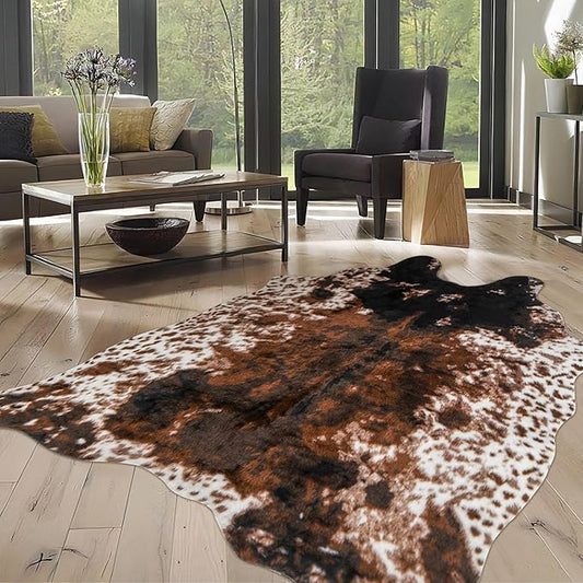 Cow Print Faux Cowhide Rug, Fluffy Fur 5.2x7 Feet Washable Cow Rugs for Living Room Bedroom Animal Print Hide Skin Rustic Western Décor Black and Brown