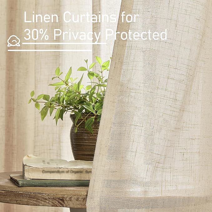 LAMIT Light Filtering Linen Curtains 80 inches Long for Bedroom, Faux Linen Textured Semi Sheer Back Tab and Rod Pocket Burlap Boho Modern Drapes for Living Room/Farmhouse, 2 Panels, 52 x 80 Inch