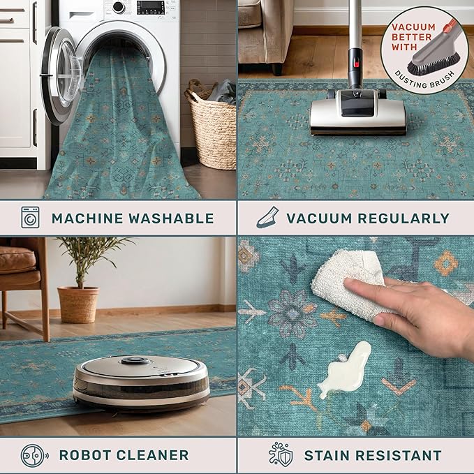Boho 8x10 Large Teal Green Rugs for Living Room - Vibrant Turquoise Rug for Bedroom under Bed, Dining Room under Kitchen Table, Washable Soft Non Slip Unique Aqua Colorful Indoor Décor teal area rug