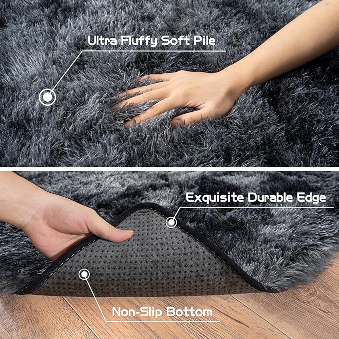 Pionblank 9x12 Area Rug, Large Area Rug for Living Room, Shag Rug for Bedroom, Soft Furry Non Slip Carpet for Kids Room Nursery Teens Dorm Home Decor, Dark Grey