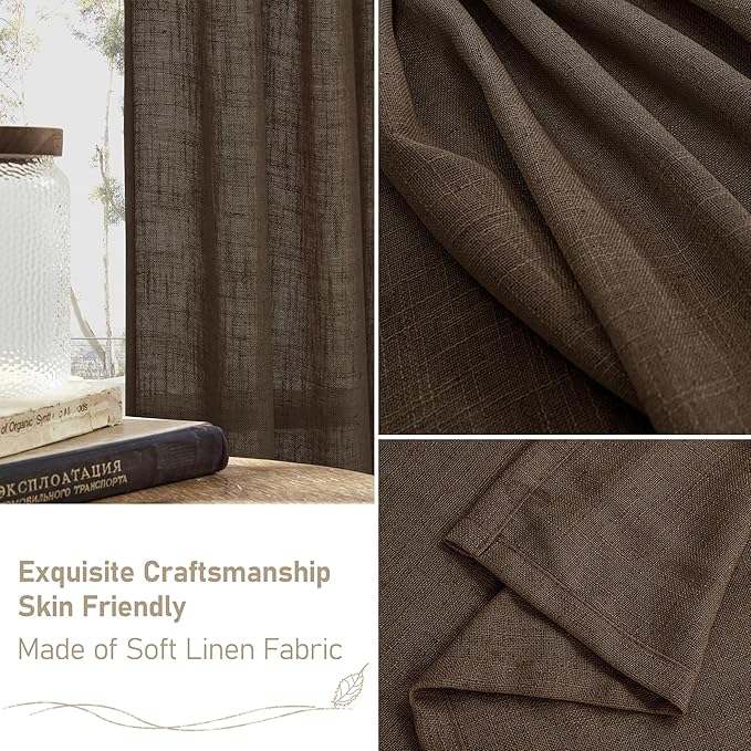 LAMIT Dark Brown Sheer Linen Curtains, 108 inch Light Filtering Semi Sheer Panels Back Tab and Rod Pocket Farmhouse Drapes for Bedroom/Living Room, 2 Panels, 52 x 108 Inch