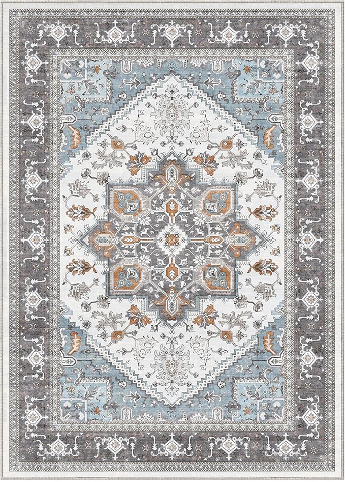 OPPODREAM Soft Area Rugs 9x12 Living Room, Washable Rugs 9x12 with Non Slip Backing, Faux Cashmere Low-Pile 9 x 12 Carpet, Grey & Teal & Yellow