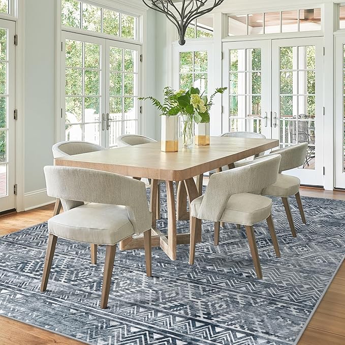 9x12 Area Rugs Washable Rug: Anti-Skid Abstract Modern Living Room Rug Soft Thin Carpets Indoor Floor Non-Shedding Carpet for Bedroom Dining Farmhouse Nursery Home Office (Blue Grey White, 9'x12')