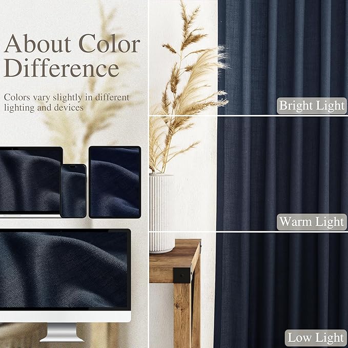 Linen Navy Blue Curtains 120 inch Extra Long for Living Room Back Tab Light Filtering Semi Sheer Drapes Modern Farmhouse Boho Decor Cotton Textured Curtain for Floor to Ceiling High Window 52x120