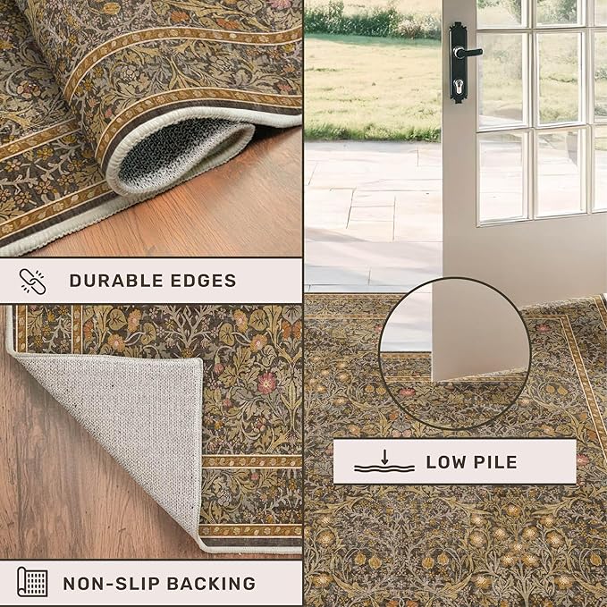 Hazo Haus Washable Living Room Rug 10x12 - Brown Oriental Area Rug for Dining Room Under Table, Low Pile Non-Slip Floor Decor for Bedroom Under Bed - Vintage Earthy Design & Stain Resistance
