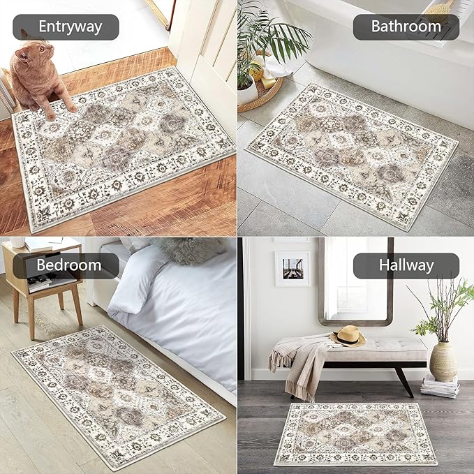 HEBE Washable Area Rug - 2'x3' Non Slip Soft Distressed Medallion Bedroom Boho Living Room Accent Throw Vintage Entry Floor Carpet for Dining Room Bathroom Entryway