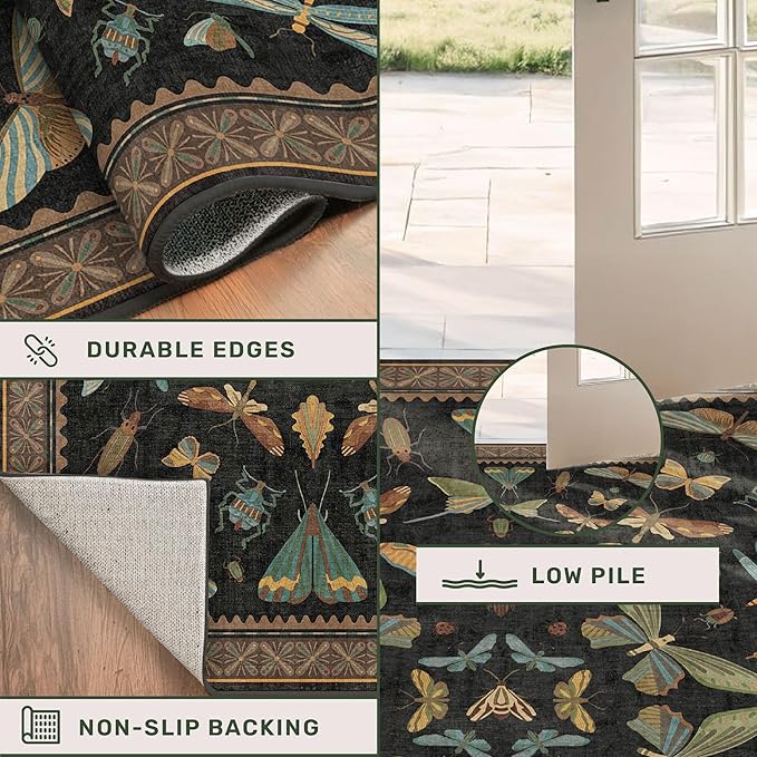 5x8 Black Rug for Bedroom - Boho Large Entryway Rug for Living Room, Under Small Dining Table, Dark Vintage Insect Witch Bug Decor, Washable Low Pile Waterproof Non Slip & Stain Resistance