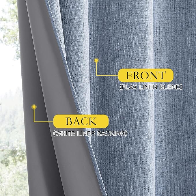 NICETOWN Stone Blue Vintage Linen 100% Blackout Curtains for Living Room, Thermal Insulated Curtains 108" Long, Noise Reducing Window Treatment Drapes for Hall Room, 52" Wide Per Panel, Set of 2