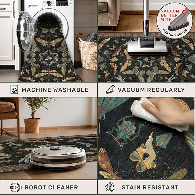 Black Boho 4ft Round Small Rugs for Entryway Non Slip - Washable Insect & Floral Rug for Living Room, Kitchen, Low Pile Soft Stain Resistant Carpet, Vintage Indoor Décor
