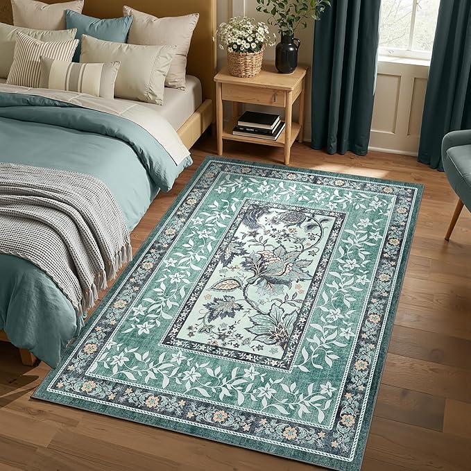 GarveeHome Teal Washable 6x9 Area Rugs, Botanical Grove Vintage Cottagecore Non-Slip Rug for Living Room Bedroom Nursery Kitchen Low-Pile Retro Large Carpet