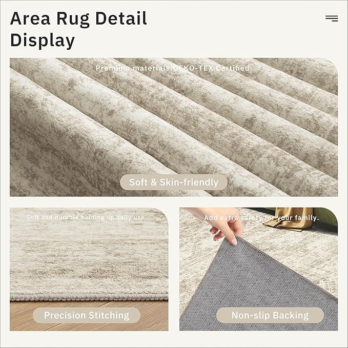 5x7 Area Rugs Beige Low Pile Indoor Washable Trendy Faded Style Rugs for Bedroom Living Room Dining Room Foldable Non-Slip Thin Print Home Office Mat