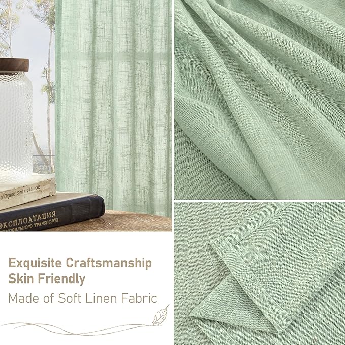 LAMIT Fresh Green 72 inch Linen Curtains for Living Room 2 Panels, Linen Textured Light Filtering Semi Sheer Back Tab and Rod Pocket Farmhouse Curtain Panels for Bedroom/Farmhouse, 52 x 72 Inch