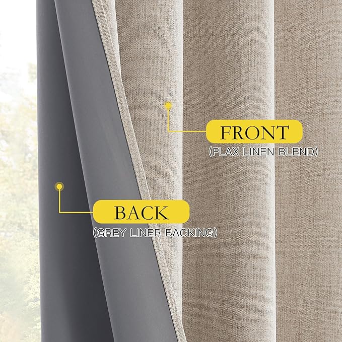 NICETOWN 100% Blackout Oatmeal Linen Curtains 95 inches Length for Dining Room, 2 Panels Set, 52" Wide, Farmhouse Style Room Cooling Window Draperies with Thermal Insulated Liners