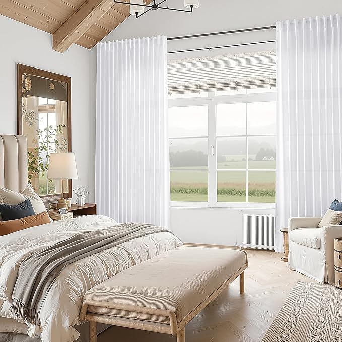 Snow White Linen Curtains 90 Inches Long for Living Room Light Filtering Semi Sheer Curtain Back Tab Luxury Neutral Coastal Modern Farmhouse Decor Drapes for Bedroom Dinner Room 52x90, 2 Panels