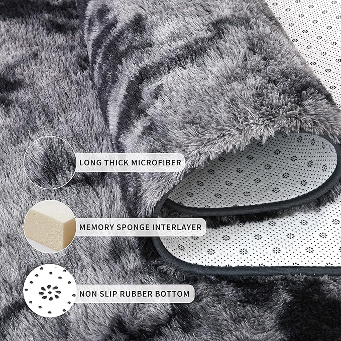 Tepook Area Rugs 9x12 for Living Room, Super Soft Fluffy Rugs for Bedroom, Modern Shaggy Rug Fuzzy Carpets for Kids, Plush Indoor Nursery Home Decor Rug with Non-Slip Bottom, Tie-Dyed Dark Grey