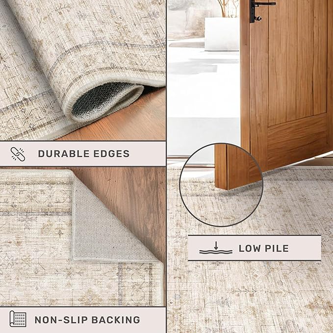 Cream 2x5 Runner Rugs for Bathroom Floor, Geometric Floral Throw Rugs Washable for Entryway, Kitchen, Bedroom, Laundry Room Beige Farmhouse Modern Neutral Home Décor, Low Pile Soft Non Slip Carpet
