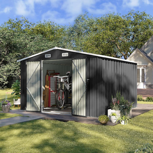10x10 FT Shed Outdoor Storage Shed with Base, Large Shed Steel Utility Tool Shed Storage House with Door & Lock, Metal Sheds with Sloped Roof for Garden Patio Poolside, Black