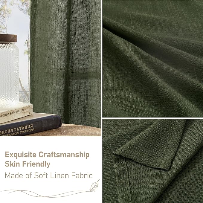 LAMIT Christmas Short Linen Curtains 36 Inch Length 2 Panels, Olive Green Light Filtering Panels Back Tab and Rod Pocket Neutral Cafe Drapes for Bathroom/Small Windows, 34 x 36 Inch