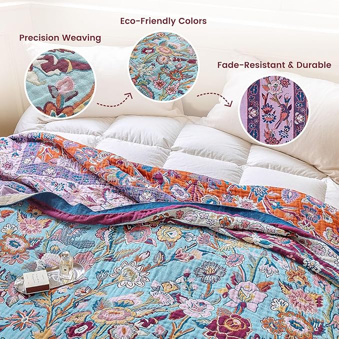 MSGKV Boho Throw Blanket for Couch 50"x60" 100% Cotton Sofa Floral Bird Blanket Spring Breathable Lightweight Muslin Home Decorative Blankets