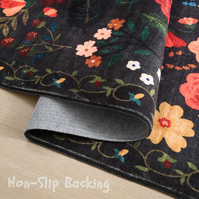 Rugcomf Bedroom Rug 3x5 Rug Washable Area Rug Non Slip Low Pile Boho Floral Small Carpet for Bedroom, Bedside, Kitchen, Entryway, Kids Room, Office, College Dorm Essentials for Girls(Black)