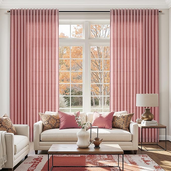 Canyon Rose Linen Curtains for Living Room 98 Inches Long Light Filtering Semi Sheer Curtain Back Tab Modern Farmhouse Decor Elegant Luxury Boho Girl Drapes for Bedroom Dinner Room 52x98, 2 Panels