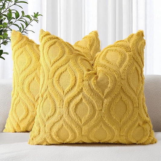 decorUhome Summer Throw Pillow Covers 16x16 Inch Set of 2, Soft Plush Faux Wool Mustard Yellow Solid Couch Pillow Covers, Accent Farmhouse Neutral Square Pillow Cases for Sofa Bed Living Room
