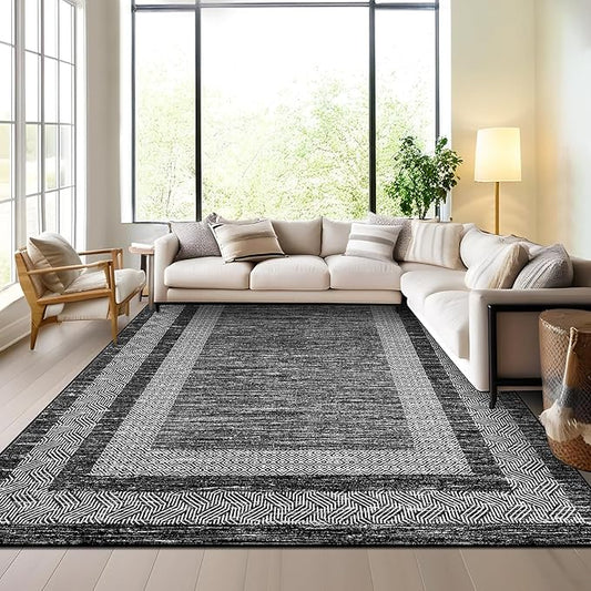GarveeHome Extra Large Area Rug 10x13 Modern Geometric Rug with Non Slip Rubber Backing, Thin Washable Foldable Carpets, Soft Low Pile Non Shedding Printed Floor Mats for Hotel Office, Black