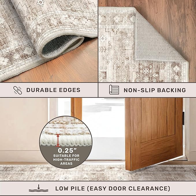 Hazo Haus Washable Neutral Farmhouse Bedroom Rug, 5x7 Area Rugs for Living Room, Nursery Room, Boho Vintage Floral Non-Slip Rug Low Pile Stain Resistant (5x7 Beige/Latte)