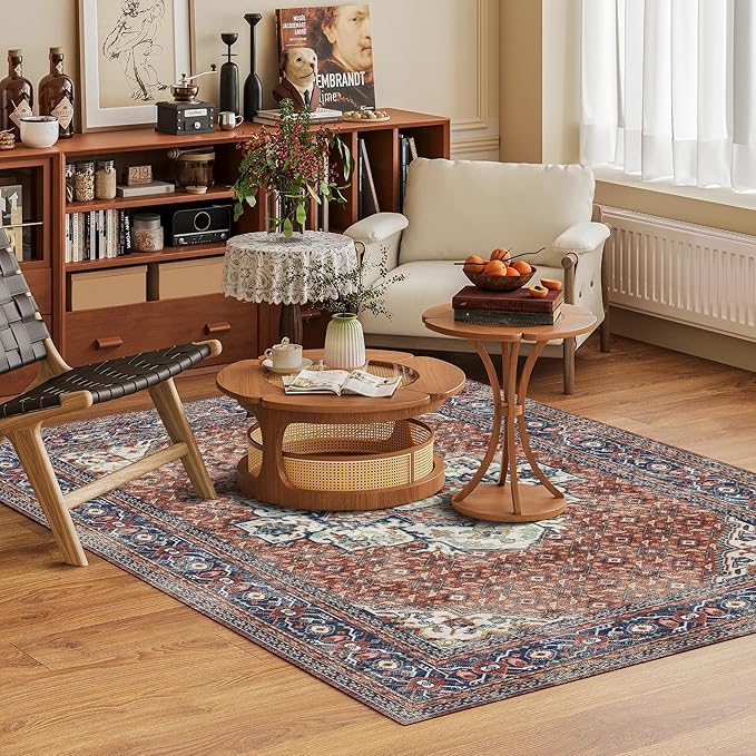 Washable Area Rug 8' x 10' Vintage Traditional Persian Mat - Foldable Distressed Non-Slip Machine Washable Carpet for Living Room Bedroom Kitchen Home Decor - Terracotta and Navy