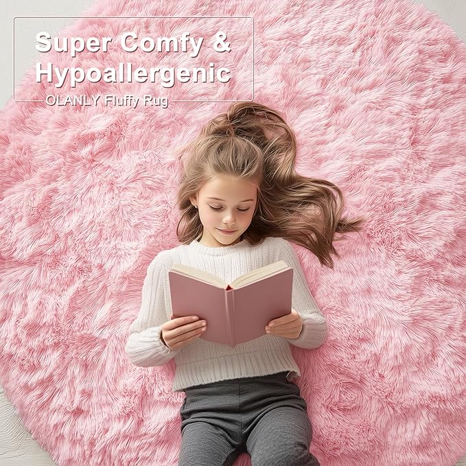 OLANLY Pink Round Rugs for Bedroom - Machine Washable, 7 ft Circle Area Rugs for Living Room, Soft and Fluffy Shaggy Carpet for Teen Girls and Boys, Nursery Rooms, Dorms, Home Decor Aesthetic
