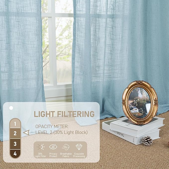 LAMIT Semi Sheer Window Linen Curtains 54 Inch, Light Filtering Panels Back Tab and Rod Pocket Country Decor Drapes for Bedroom/Farmhouse, Stone Blue, 2 Panels, 34 x 54 Inch