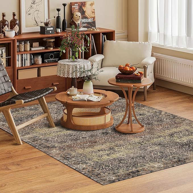 Washable Area Rug 9' x 12' Vintage Traditional Persian Mat - Foldable Distressed Non-Slip Machine Washable Carpet for Living Room Bedroom Kitchen Home Decor - Umber and Slate