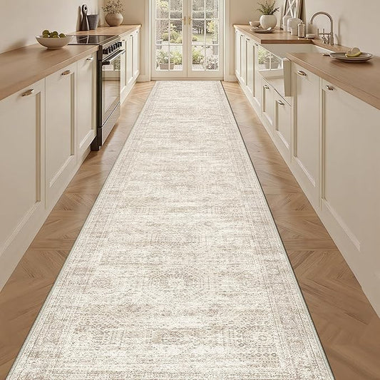 3x16 Washable Runner Rug for Hallway, Non-Slip Long Hallway Runner for Entryway, Soft Vintage Kitchen Mats for Floor, Abstract Dining Room, Bedroom, Living Room Rugs(3'x16', Beige/Ivory)