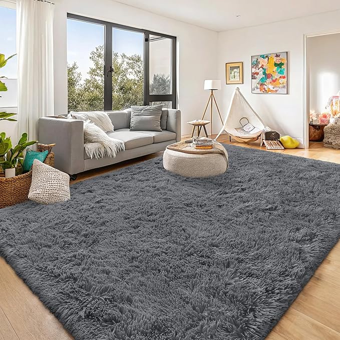 OLANLY 8x9 Machine Washable Large Area Rugs for Living Room, Bedroom, Soft Fluffy Shaggy Bedside Rug, Indoor Floor Carpet for Kids Girls and Boys, Dorms, Nursery, Home Decor Aesthetic, Grey