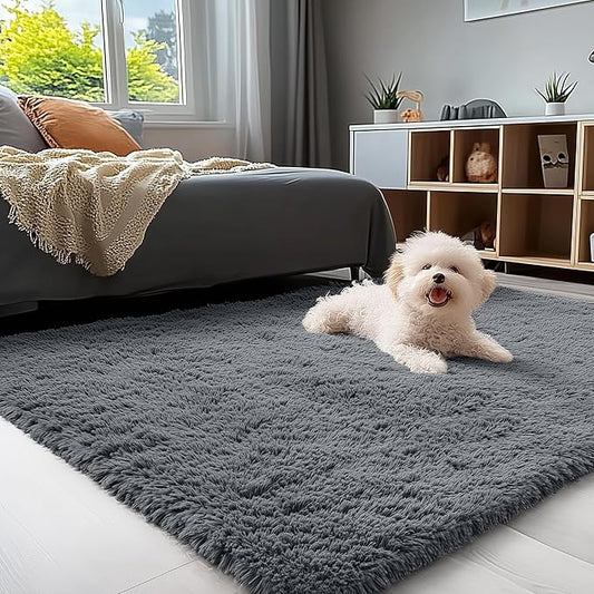 OLANLY 4x4 Machine Washable Accent Rug, Soft Fluffy Shaggy Area Rug for Bedroom, Living Room, Indoor Floor Carpet for Kids, Nursery, Home Decor, Grey