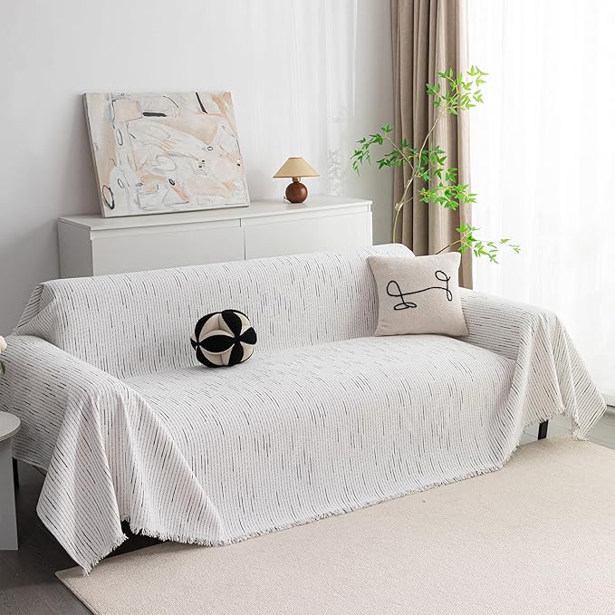 MYSKY HOME Boho Couch Cover White Sofa Covers with Tassel Farmhouse Sofa Slipcover Simple Couch Protector for Dogs Chenille Sectional Couch Covers L Shaped Couch Cushion Covers, 91"x 134"