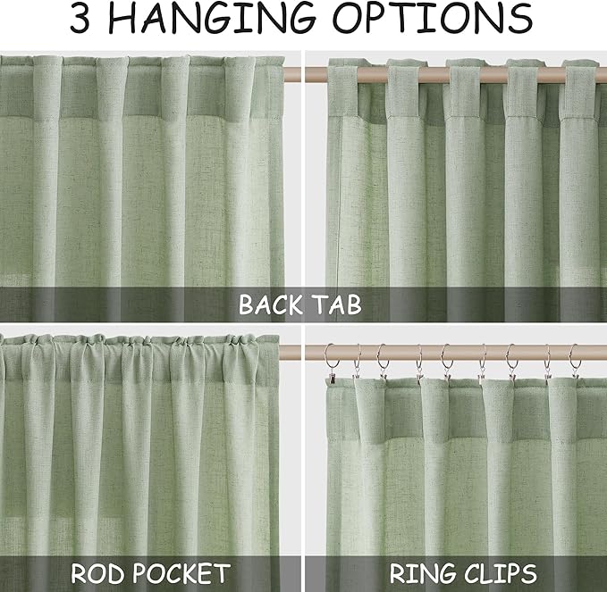 Nanspring Mist Sage Linen Curtains 72 Inch Length for Living Room Semi Sheer Light Filtering Door Drapes 2 Panels Set for Kids Bedroom Light Filtering Back Tab Rod Pocket Modern Farmhouse Decor 52x72