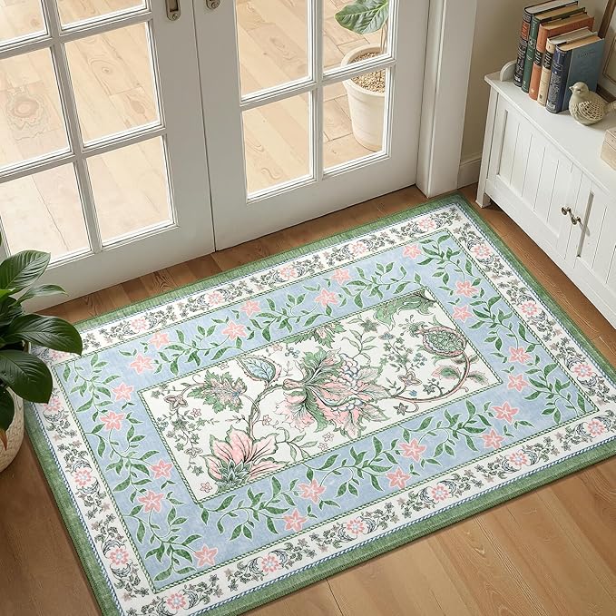 GarveeHome Blue Green Pink Washable 6x9 Area Rugs, Botanical Grove Vintage Cottagecore Non-Slip Rug for Living Room Bedroom Nursery Kitchen Low-Pile Retro Large Carpet