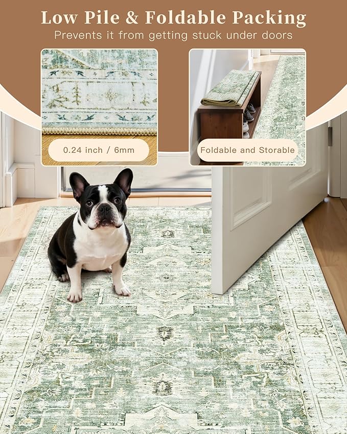 Madane Runner Rugs for Hallway 2x10 Long Washable Non-Slip Hallway Runner Rug Low-Pile Stair Kitchen Runner Soft Throw Carpet for Entrance Living Dining Laundry Room (Green/Ivory, 2 x 10)