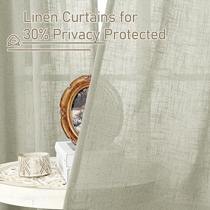 LAMIT Sage Grey Linen Boho Curtains 84 inch Length 2 Panels, Light Filtering Semi Sheer Panels Back Tab and Rod Pocket Neutral Drapes for Bedroom/Living Room, 34 x 84 Inch