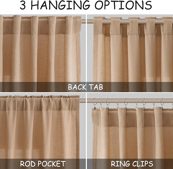 Extra Long Camel Linen Curtain 108 Inches Long 2 Panels Set Back Tab Drapes for Living Room Lively Farmhouse Light Filtering Semi Sheer Linen Curtains 108 Inch Length for Large Window 52x108