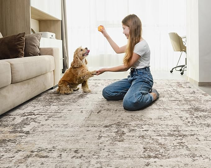 UERMEI 5x7 Area Rug Living Room Rugs - Washable Neutral Modern Abstract Soft Thin Large Rug Indoor Floor No Slip Rug Carpet for Bedroom Under Dining Table Home Office Decor - Dark Brown