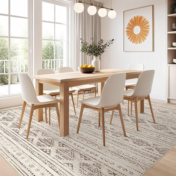 Nakagishi 8x10 Area Rugs Living Room: Washable Boho Large Neutral Soft Farmhouse Rug Stain Resistant Modern Moroccan Non-Slip Indoor Carpet for Bedroom Nursery Kids Office Dining Room- Dark Brown