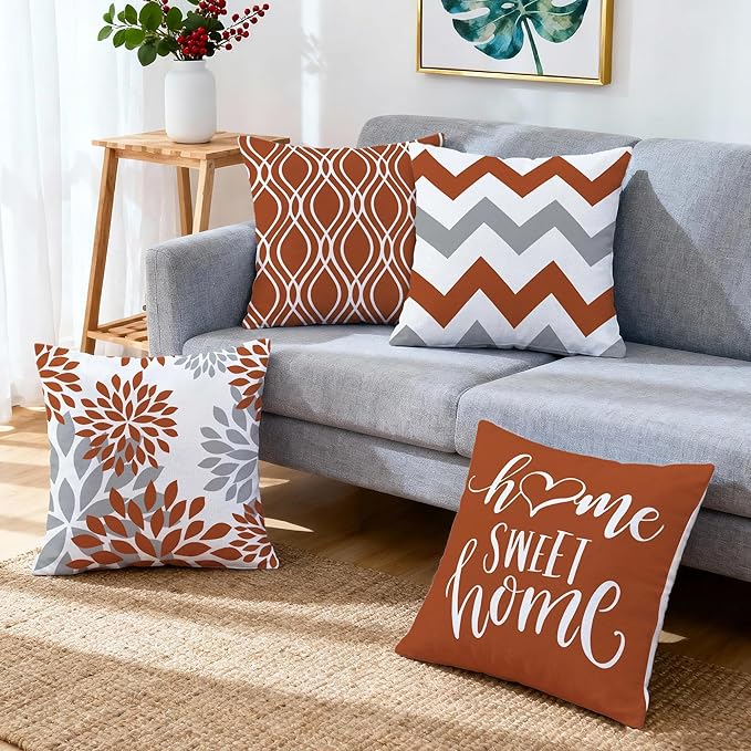 Hexagram Geometric Burnt Orange Pillow Covers 20x20 Set of 4, Decorative Outdoor Boho Modern Throw Pillow Covers, Home Sweet Home Farmhouse Cushion Case for Couch Sofa Bedroom Indoor Decor(No Insert)